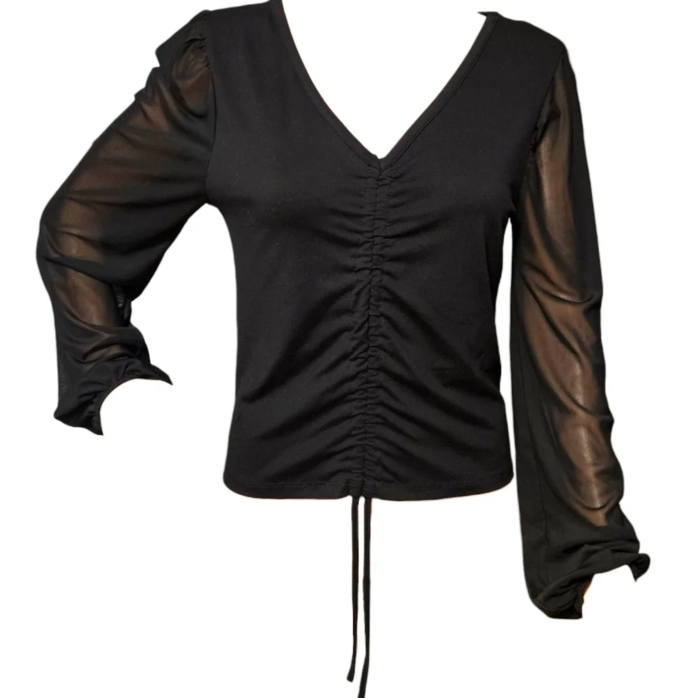 Y2K Black Ruched Tie Mesh Sleeve Top Sheer Long Sleeve Clubwear Sz L Baddie - Picture 3 of 16